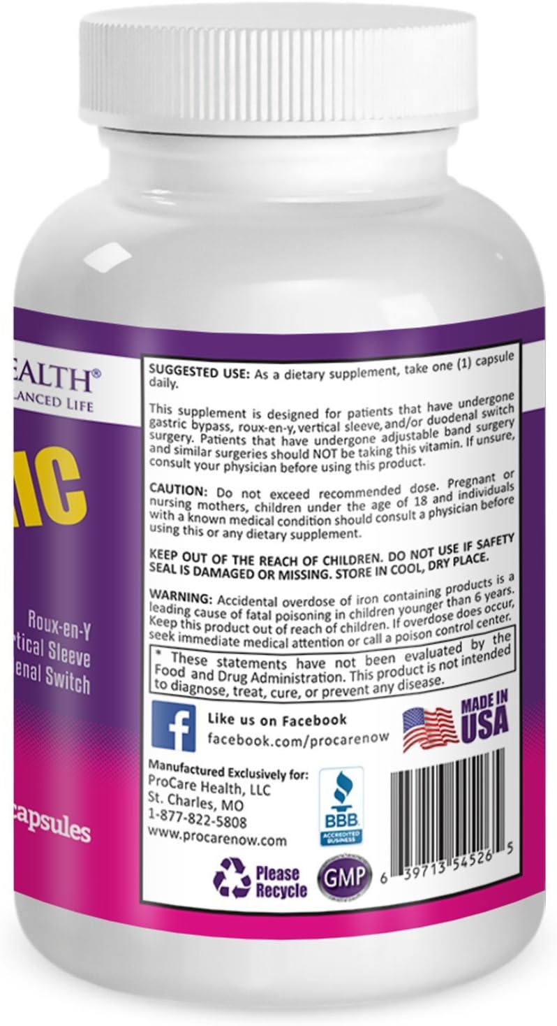 ProCare Health One Per Day Bariatric Multivitamin with 45mg Iron | Easy to Swallow Capsule | Bariatric Surgery Patients | Gastric Bypass Sleeve Gastrectomy | 30 Count | 1 Month Supply : Health & Household