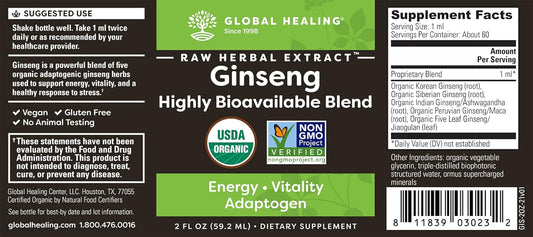 Global Healing Ginseng - Organic Raw Herbal Extract - Liquid Supplement Drop Promotes Energy - Korean (Panax), Siberian, Maca, Ashwagandha - Non-GMO - 2 Fl Oz