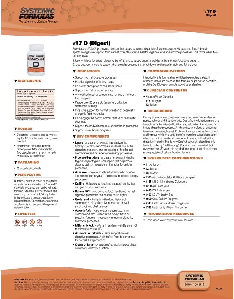 Systemic Formulas Bio Function #17 D Digest 60 Capsules. Helps Digestion Of Heavy Meals And Absorption Of Nutrients. : Health & Household