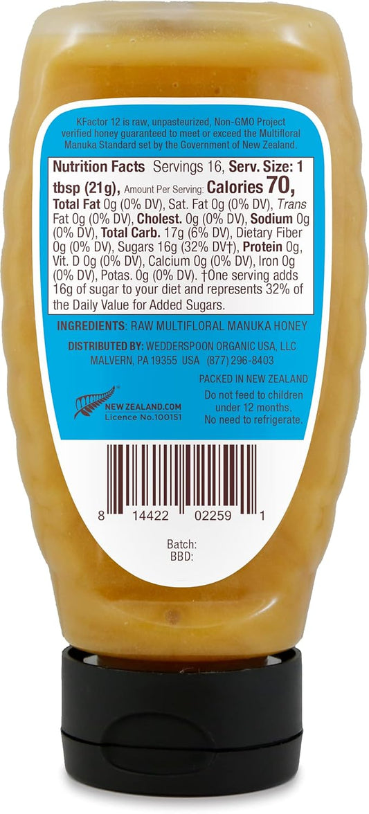 Wedderspoon Raw Premium Manuka Honey, KFactor 12, 12 Oz, Unpasteurized, Genuine New Zealand Honey, Non-GMO Superfood, Traceable from Our Hives to Your Home, Convenient Squeeze Bottle