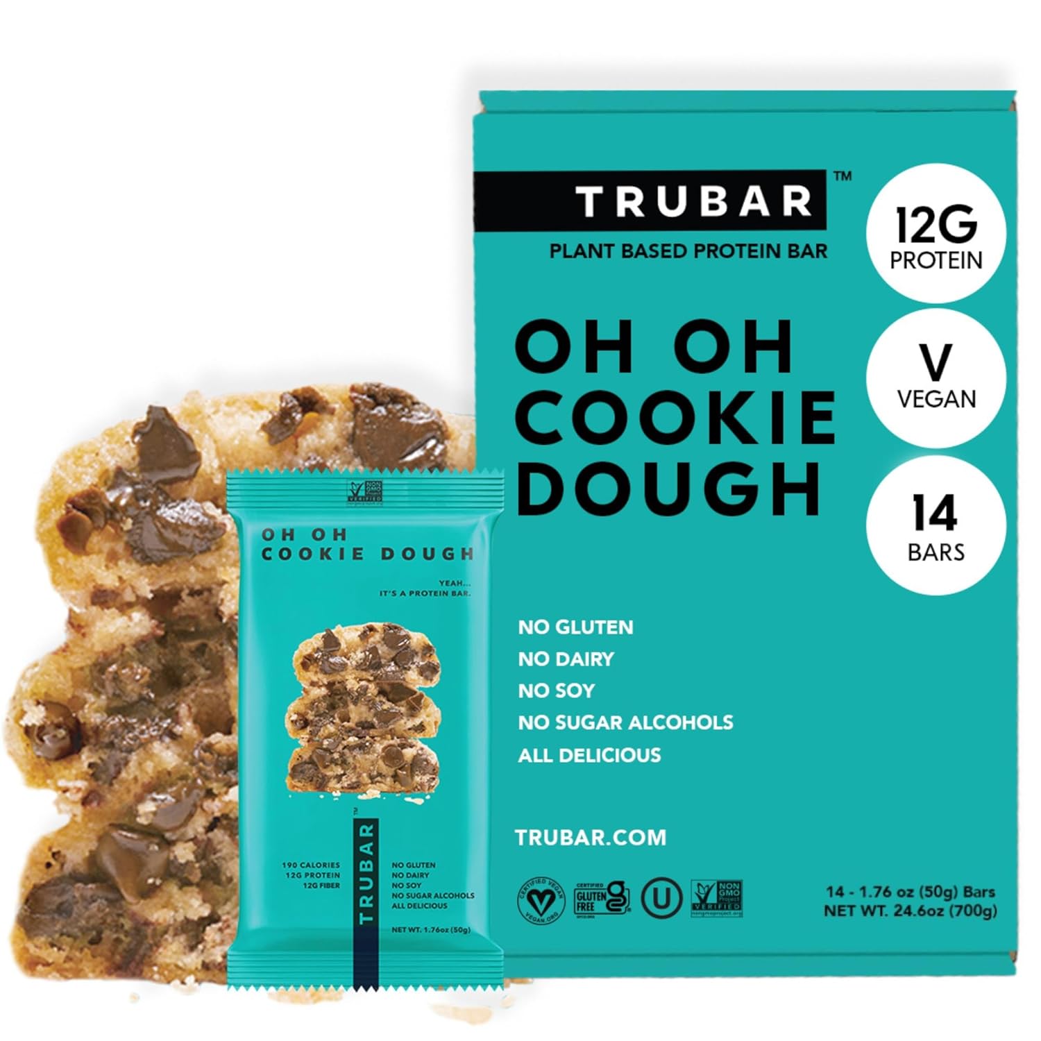 Trubar Vegan Protein Bar, Oh Oh Cookie Dough, Gluten Free, Plant Based Protein, Dairy Free, Non Gmo, Soy Free, No Sugar Alcohols, 12G Protein, 13G Fiber, 23G Carb, Healthy On The Go Snack Bars, 14 Ct