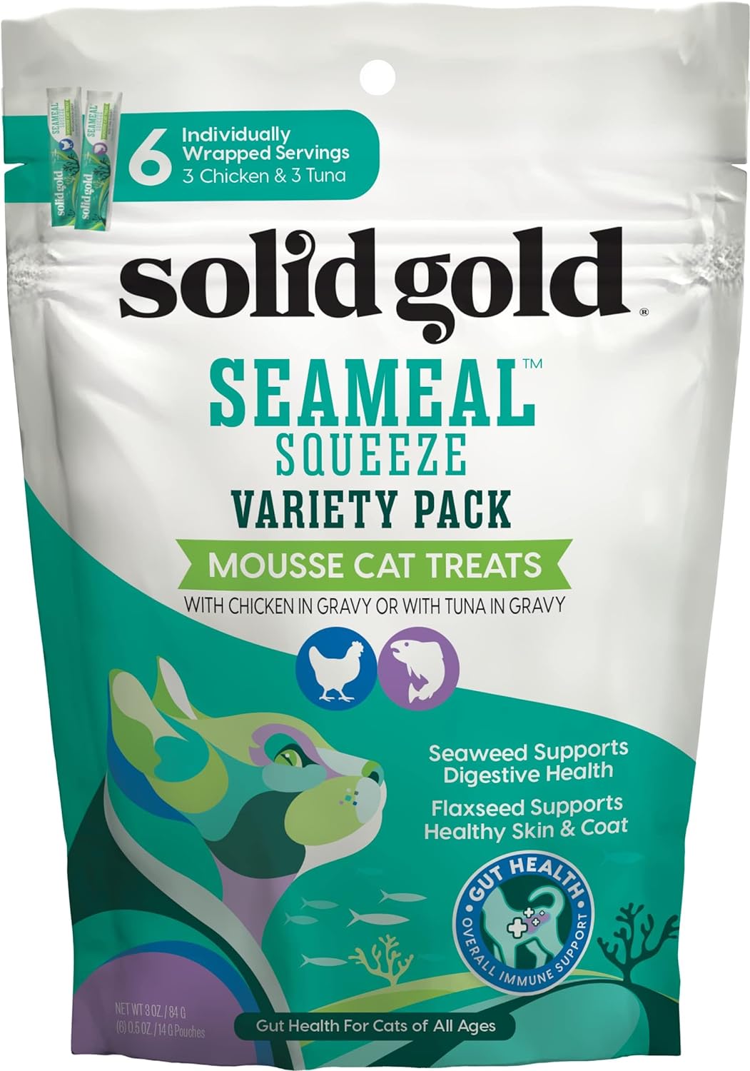 Solid Gold Lickable Cat Treats - Seameal Squeeze Squeezable Cat Treats For Indoor Cats Chicken/Tuna Variety Pack - Made With Fiber-Rich Seaweed For Digestive Health For Immune Support - 3 Oz / 6 Count