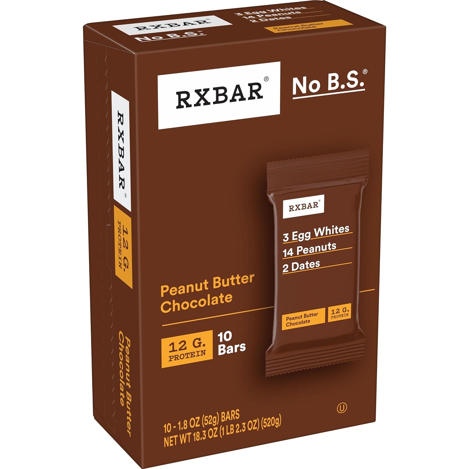 Rxbar Protein Bars, Protein Snack, Snack Bars, Peanut Butter Chocolate, 18.3Oz Box (10 Bars)