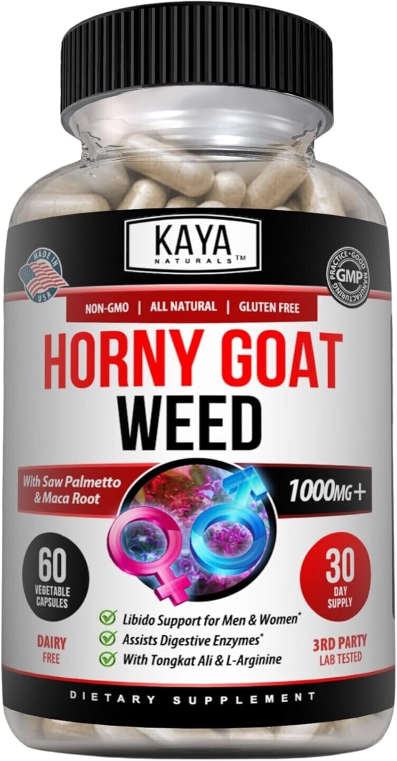 Kaya Naturals Horny Goat Weed Extract For Adult Enhancement - 1560Mg Maca | Extra Strength Complex With Saw Palmetto Ginseng, Arginine Libido Enhancing Vitamin Supplement | Horny Goat Weed - 60 Count
