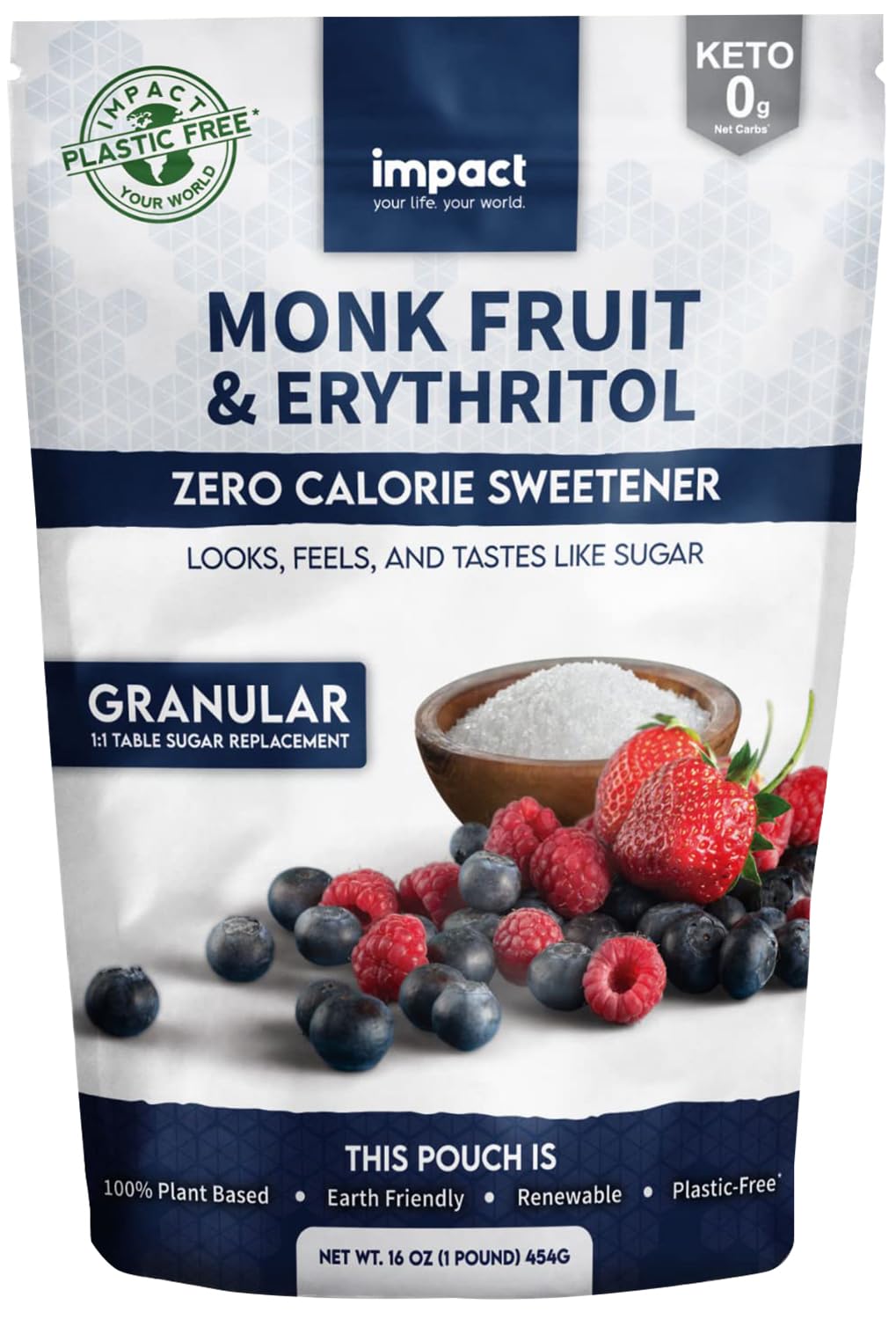 Impact - White Monk Fruit Erythritol Sweetener Blend - Zero Calories, Zero Net Carbs, Keto Friendly - Gluten Free, Vegan, Non-Gmo - 1:1 White Sugar Substitute - 1Lb