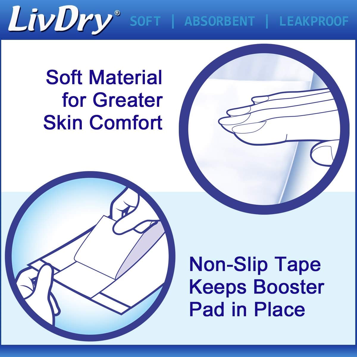 LivDry Incontinence Booster Pads, Use with Adult Diapers for Women and Men, Extra Comfort Softness, Disposable Pad (20 Count, Regular Length)
