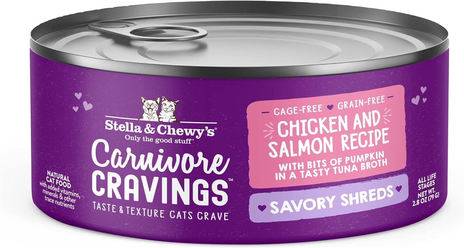 Stella & Chewy'S Carnivore Cravings Savory Shreds Cans – Grain Free, Protein Rich Wet Cat Food – Cage-Free Chicken & Wild-Caught Salmon Recipe – (2.8 Ounce Cans, Case Of 24)