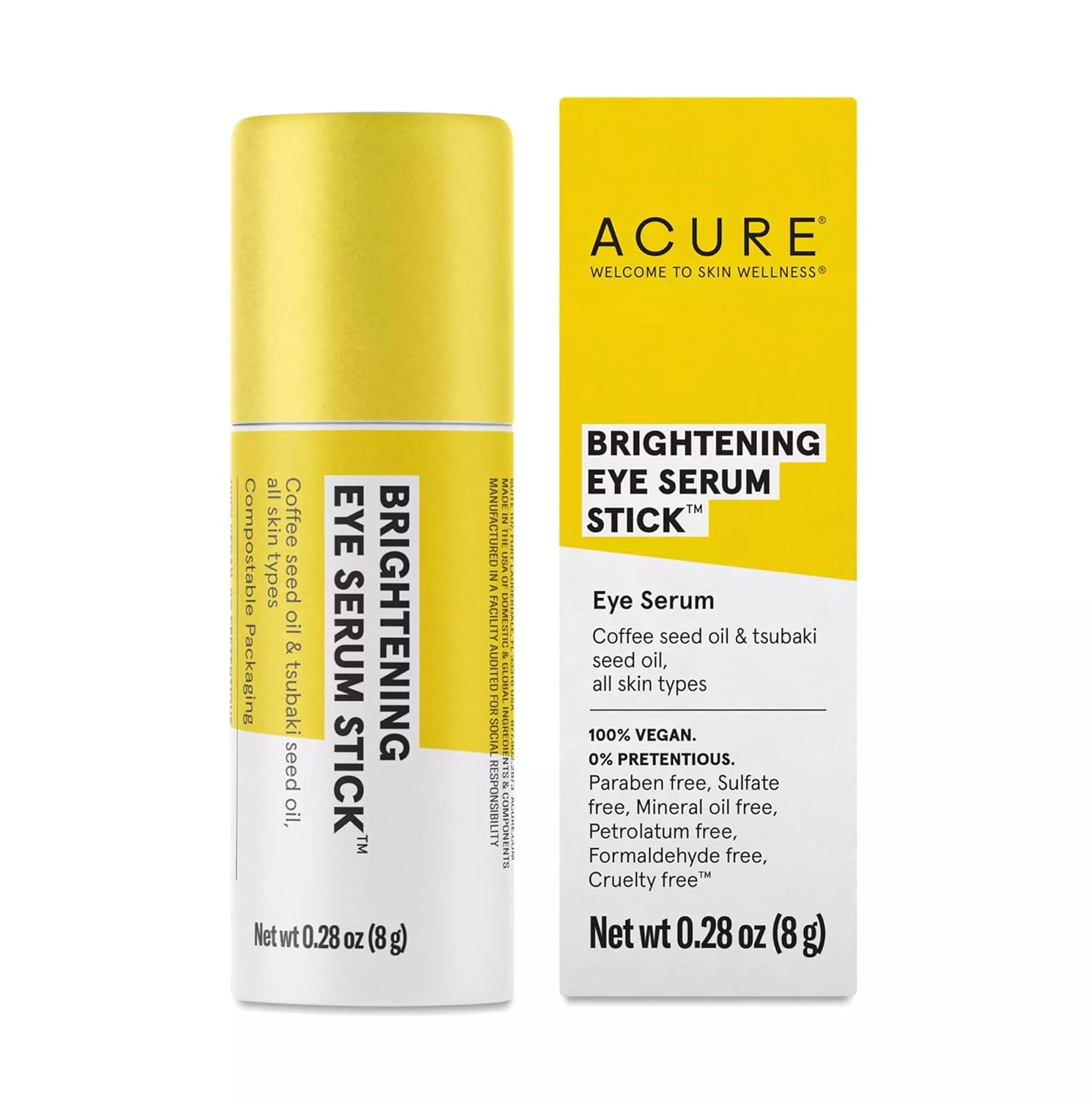 Acure Brightening Eye Serum Stick, Eye Serum, Coffee Seed Oil & Tsubaki Seed Oil, For All Skin Types, 0.28 Oz