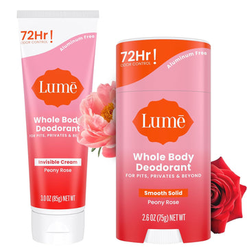 Lume Whole Body Deodorant - Invisible Cream And Solid - 72 Hour Odor Control - Aluminum Free, Baking Soda Free, Skin Safe - 3.0 Ounce Cream And 2.6 Ounce Solid Bundle (Peony Rose)