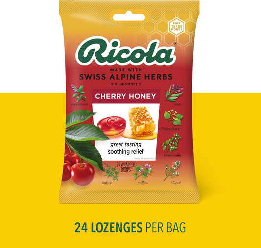 Ricola Cherry Honey Throat Drops, 24 Drops, Naturally Soothing Relief that Lasts for Scratchy, Hoarse, and Sore Throats