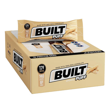 BUILT Protein Bars, Cinnamon Churro Puff, 12 count, Protein Snacks with 17g of Protein, Collagen, Gluten Free Chocolate Protein Bar with only 140 calories & 6g sugar, Perfect On The Go Protein Snack