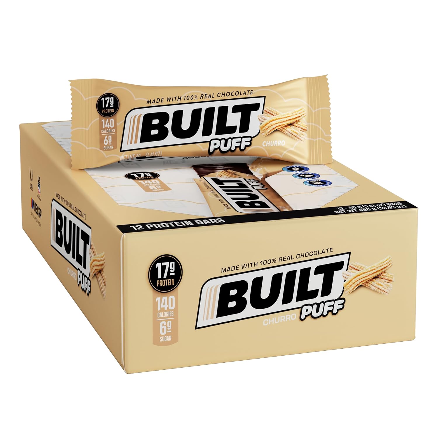 Built Protein Bars, Cinnamon Churro Puff, 12 Count, Protein Snacks With 17G Of Protein, Collagen, Gluten Free Chocolate Protein Bar With Only 140 Calories & 6G Sugar, Perfect On The Go Protein Snack