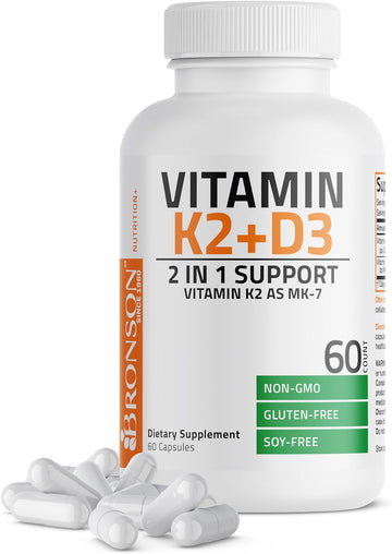 Bronson Vitamin K2 (Mk7) With D3 Supplement Non-Gmo Formula 5000 Iu Vitamin D3 & 90 Mcg Vitamin K2 Mk-7 Easy To Swallow Vitamin D & K Complex, 60 Capsules