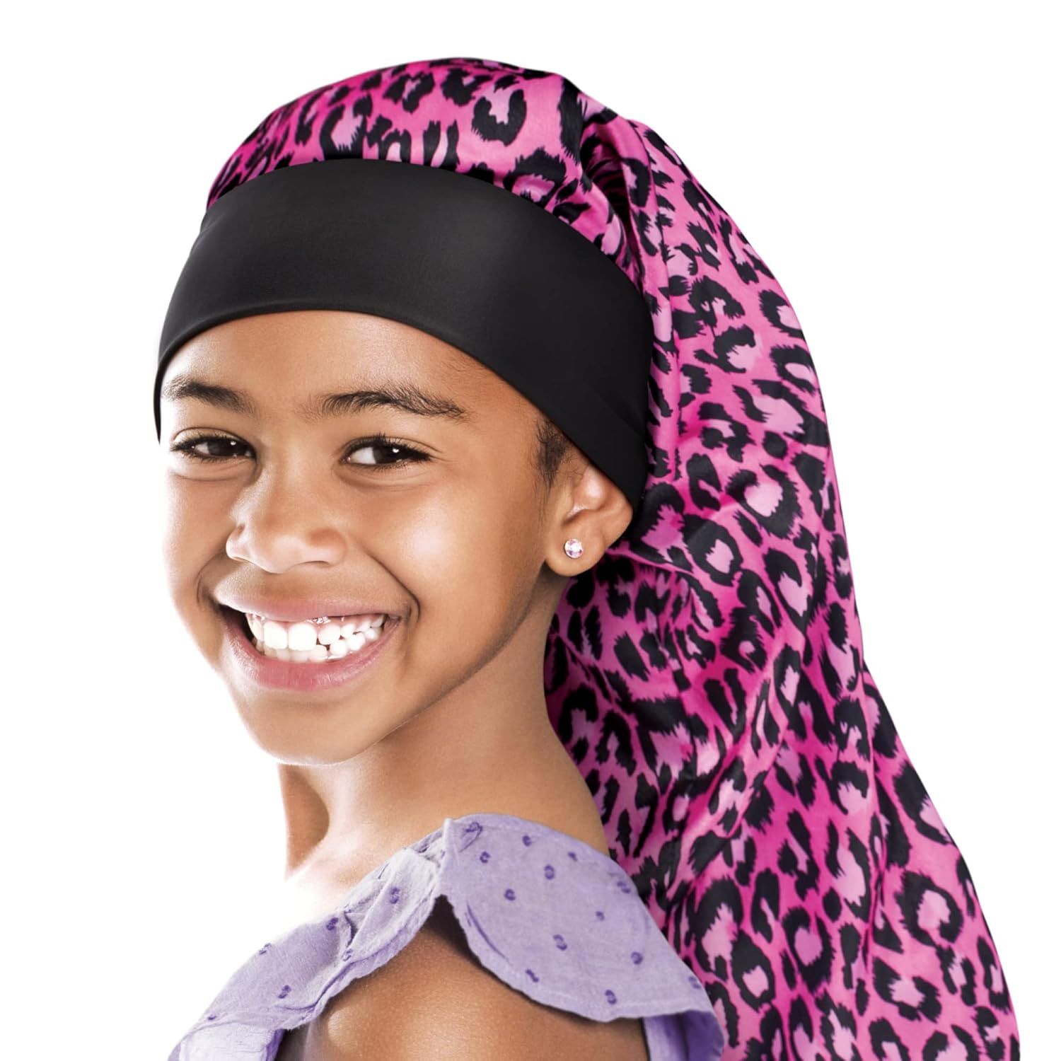Red By Kiss Kids Satin Braid Bonnet, Comfy Wide Band For Long Hair, Long Braids (Pink Leopard)