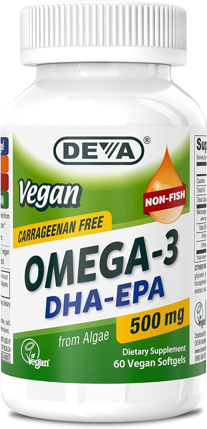 DEVA Vegan Omega-3 DHA EPA Supplement - Once-Per-Day Softgel 500 MG - Carrageenan Free - Gelatin Free - Non-Fish - Algae Oil Omega-3 Fatty Acids - 60 Softgels