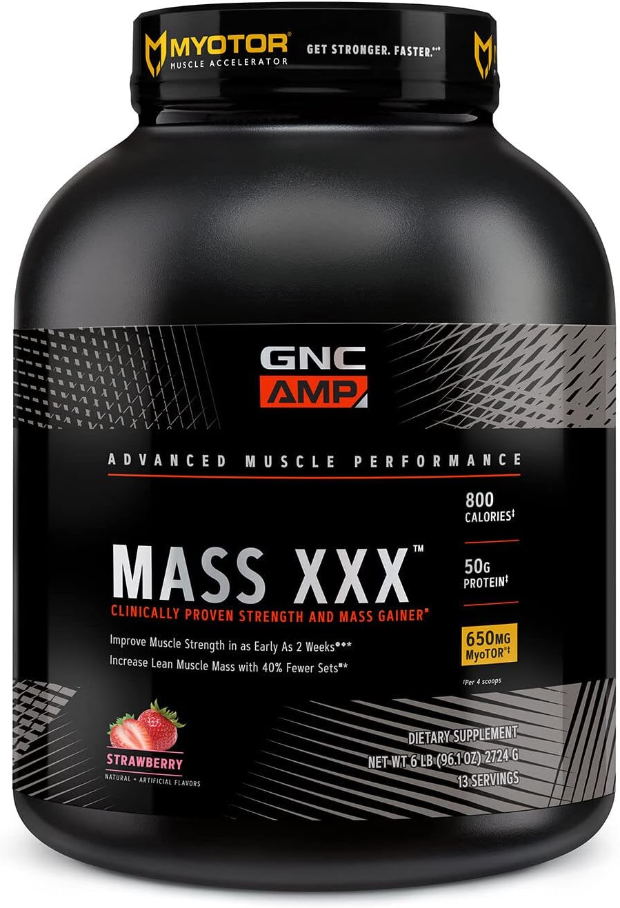 Gnc Amp Mass Xxx With Myotor Protein Powder | Targeted Muscle Building And Workout Support Formula With Bcaa And Creatine | Strawberry | 13 Servings