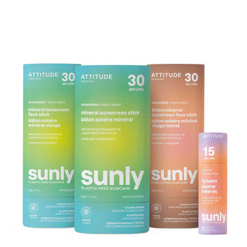 Bundle of ATTITUDE Mineral Sunscreen Stick with Zinc Oxide, SPF 30 Face and Body Stick + Tinted Mineral Sunscreen, Face Stick, SPF 30 + Lip Balm, SPF 15