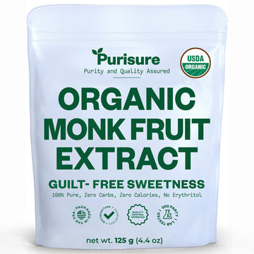 Purisure Organic Monk Fruit Extract, 125G, 400 Servings, Organic Pure Monk Fruit Sweetener Without Erythritol, Non-Glycemic, Zero-Calorie, Zero-Carb, Powdered Monkfruit Sweetener For Keto And Paleo