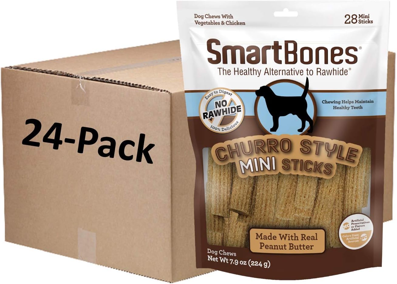 Smartbones Churro-Style Mini Sticks 28 Count, Made With Real Peanut Butter, Rawhide-Free Chews For Dogs, 7.90 Ounce (Pack Of 24)