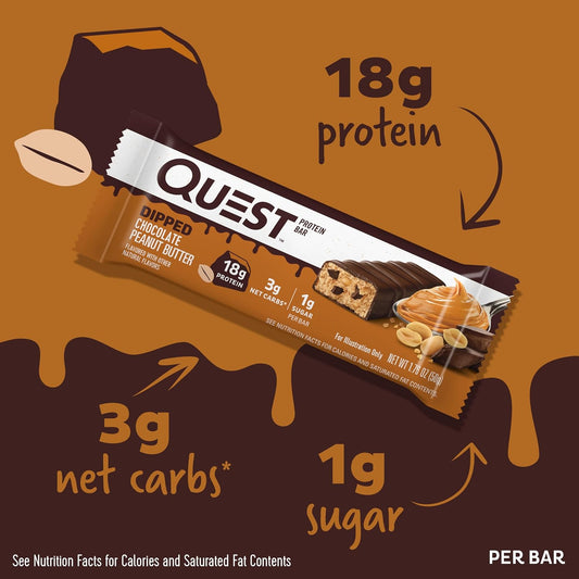 Quest Nutrition Dipped Chocolate Peanut Butter Protein Bars, 18G Protein, 1G Sugar, 3G Net Carbs, Gluten Free, 12 Count