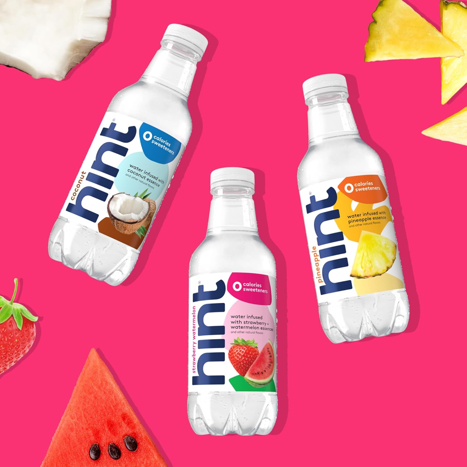 Hint Water Tropical Variety Pack, 4 Bottles Each Of: Coconut, Pineapple, And Strawberry Watermelon, Zero Calories, Zero Sugar And Zero Sweeteners, 16 Fl Oz, (Pack Of 12)