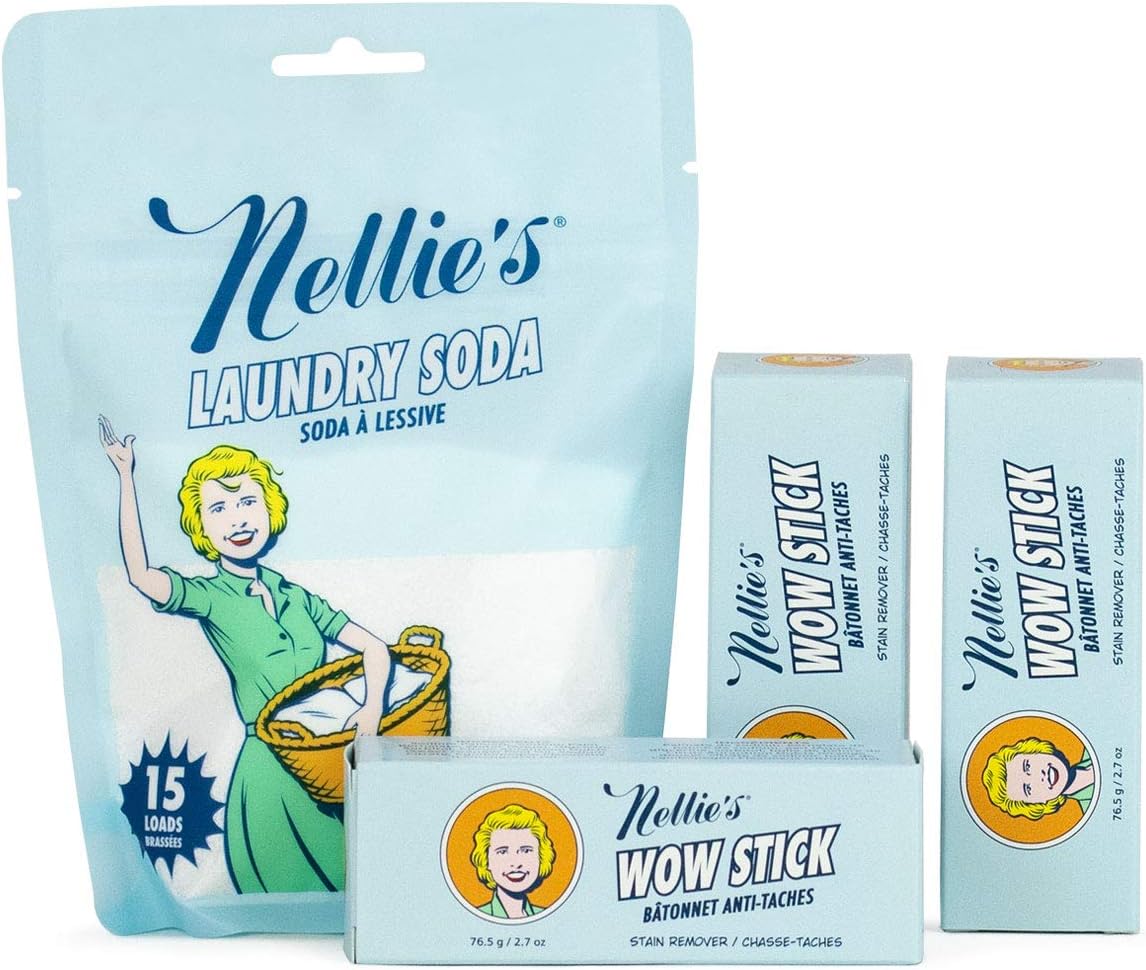 Nellie's Wow Stick Stain Remover Bundle - 3 Wow Stick Stain Removers with 15 Load Laundry Soda