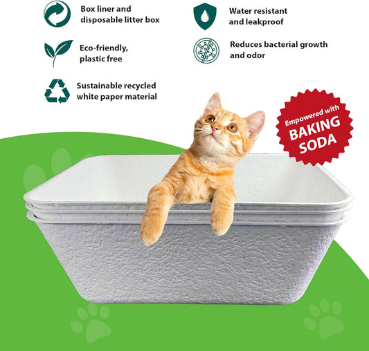 Disposable Litter Boxes For Cats | Baking Soda Effect And Maximum Odor Control |17.1”L, 12.6”W, 6.6”H | Recycled White Paper | Durable And Water Resistant | Large Size (Large- 3 Pieces)