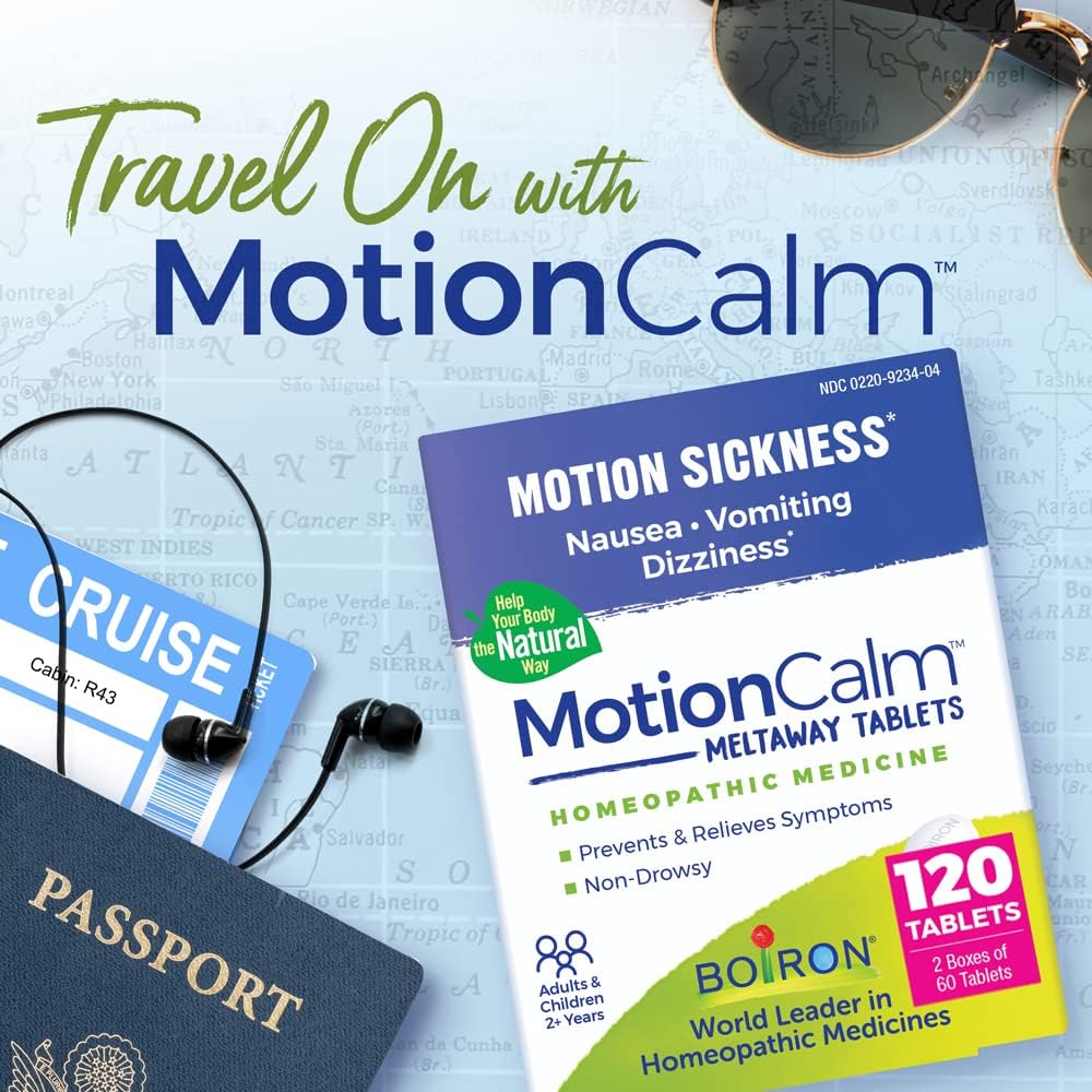 Boiron MotionCalm Relief for Nausea, Vomiting, or Dizziness from Motion Sickness, Carsickness, Seasickness, Amusement Rides, and Video Games or VR - Non-Drowsy - 120 Count (2 Pack of 60) : Health & Household