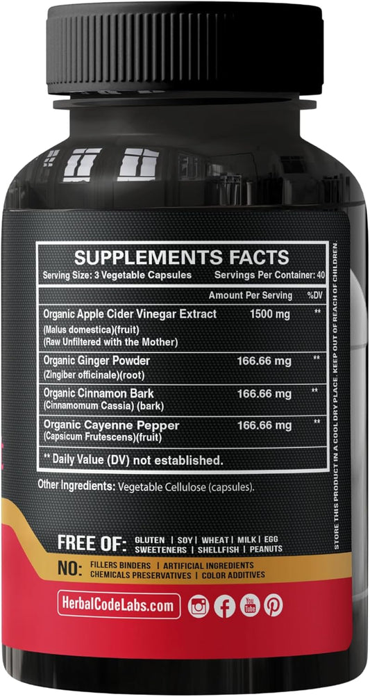 Organic Apple Cider Vinegar Capsules 1500 Mg Extract With The Mother - Extra Strength Raw Apple Cider Pills W Ginger Cayenne Cinnamon - Natural Detox Potent Digestion Cleansing System Acv Supplement