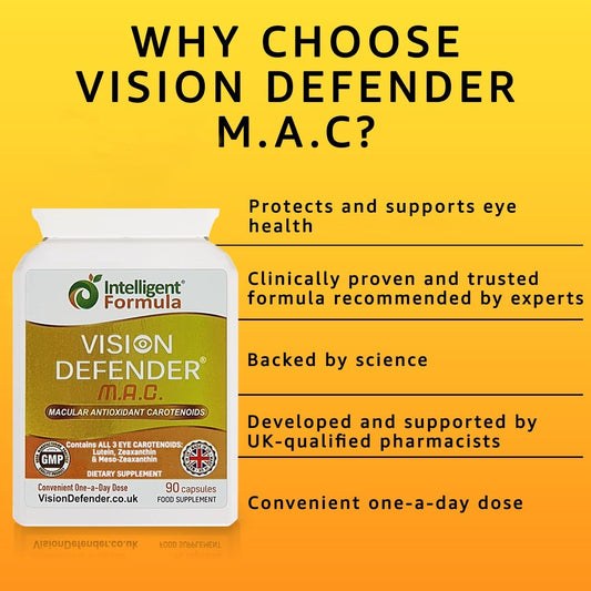 Vision Defender Lutein, Zeaxanthin & Meso-Zeaxanthin Eye Supplement Mac Vegan/Vegetarian Antioxidant Carotenoids For Eyes (90 Capsules/One Capsule Daily) Made In Uk