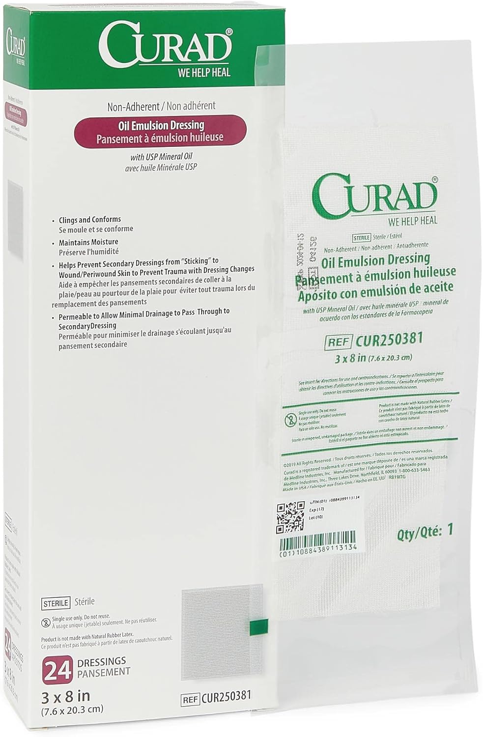 Curad Oil Emulsion Dressing, 3" x 8" Non-Adherent Gauze, 24 Count (Pack of 6) : Health & Household