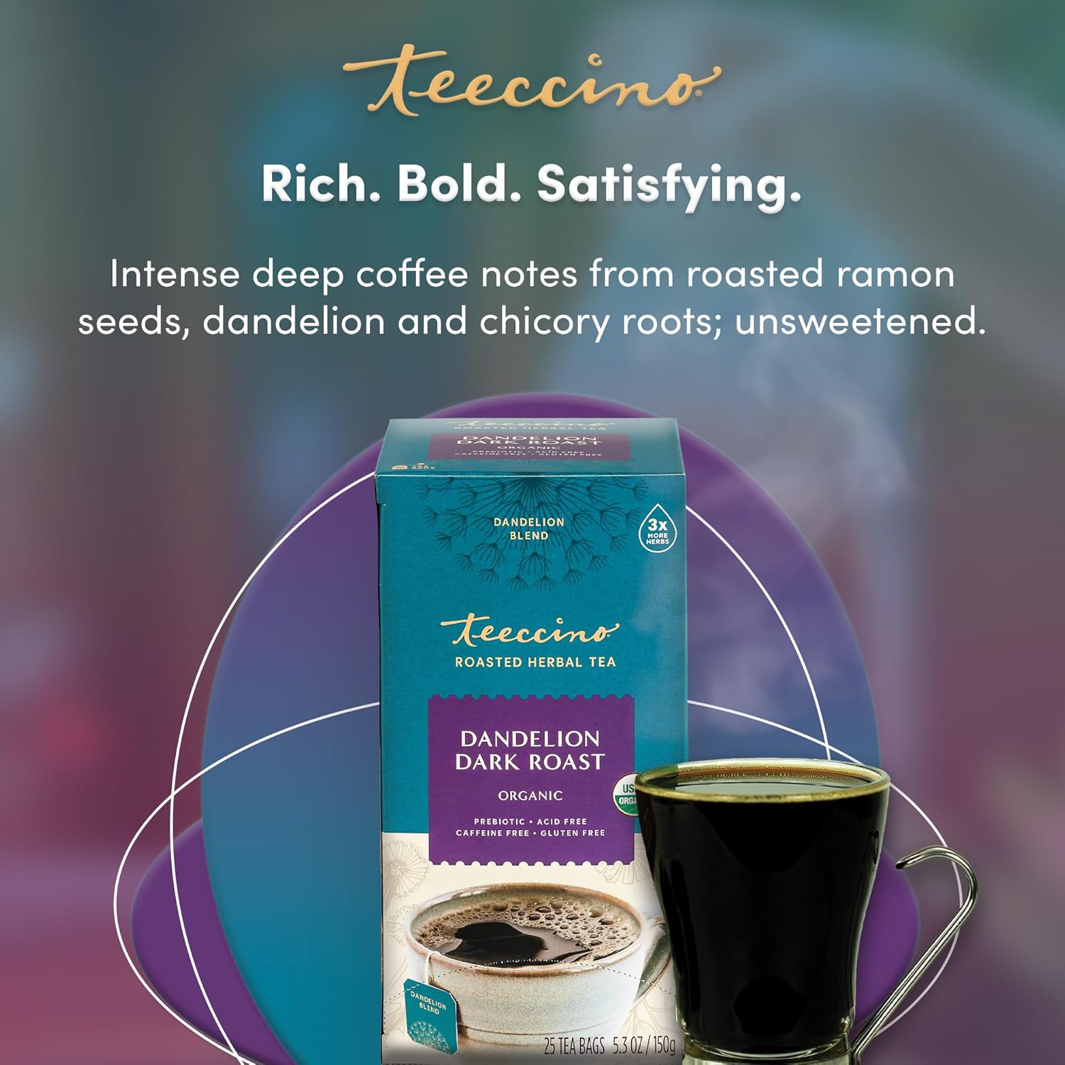 Teeccino Dandelion Herbal Tea - Dark Roast - Caffeine Free, Prebiotic, Gluten Free, 3X More Herbs - 25 Tea Bags