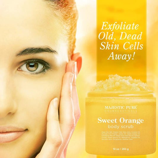 Majestic Pure Sweet Orange Body Scrub For All Natural Skin Care - Exfoliating Multi Purpose Body And Facial Scrub Moisturizes And Nourishes Face And Skin - 10 Oz - Great Gift For Her