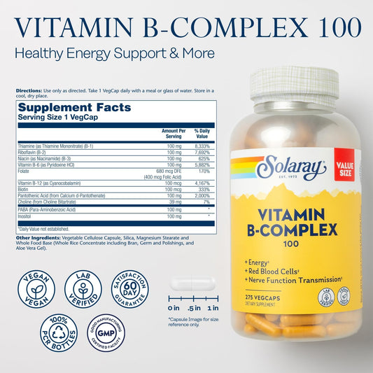 Solaray Vitamin B Complex 100 Mg, Healthy Energy Supplement, Red Blood Cell Formation, Nerve & Immune Support, Super B Complex Vitamins, Folic Acid, Vitamin B6, B12, Biotin, Vegan, 275 Vegcaps