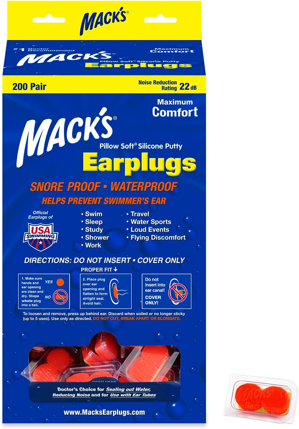 Mack's Pillow Soft Silicone Earplugs - 200 Pair Dispenser - The Original Moldable Silicone Putty Ear Plugs for Sleeping, Snoring, Swimming, Travel, Concerts and Studying (Orange) | Made in USA
