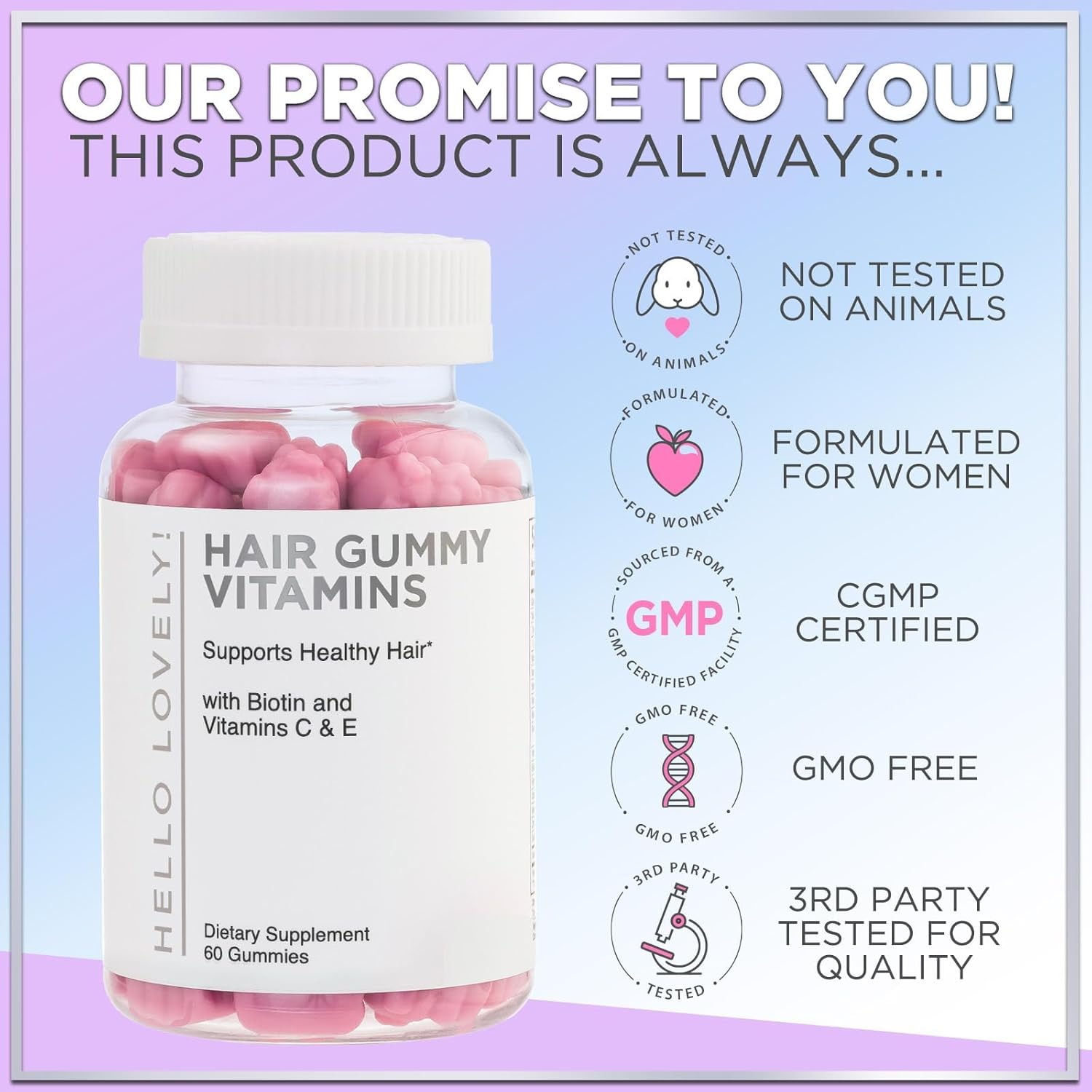 Hello Lovely! Hair Vitamins Gummy With Biotin 5000 Mcg Vitamin E & C Support Hair Growth, Premium Vegetarian Non-Gmo, For Stronger Beautiful Hair, Skin & Nails Supplement - 60 Bear Gummies
