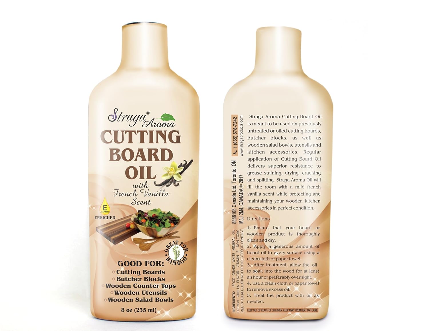 STRAGA Cutting Board Oil (8oz)| Enriched with French Vanilla & Vitamin E| Food Grade Mineral Oil |Butcher Block Oil & Conditioner| Best for Wood & Bamboo Restoring, Conditioning & Sealing