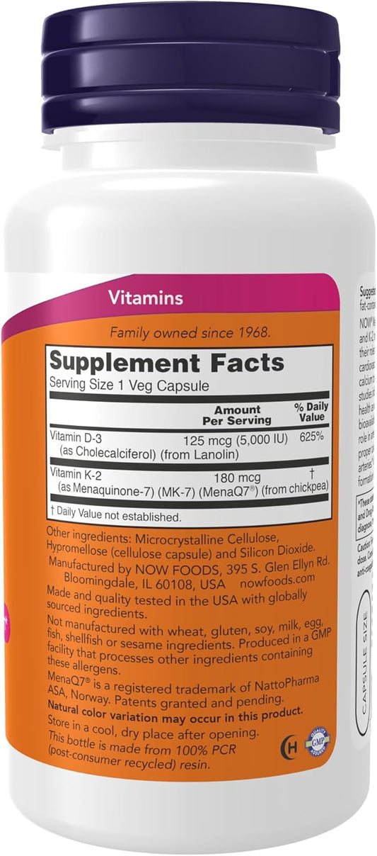 NOW Supplements, Mega D-3 & MK-7, 5000 IU / 180 mcg, Bone & Cardiovascular Support*, Vitamins K-3 & K-2, 120 Capsules