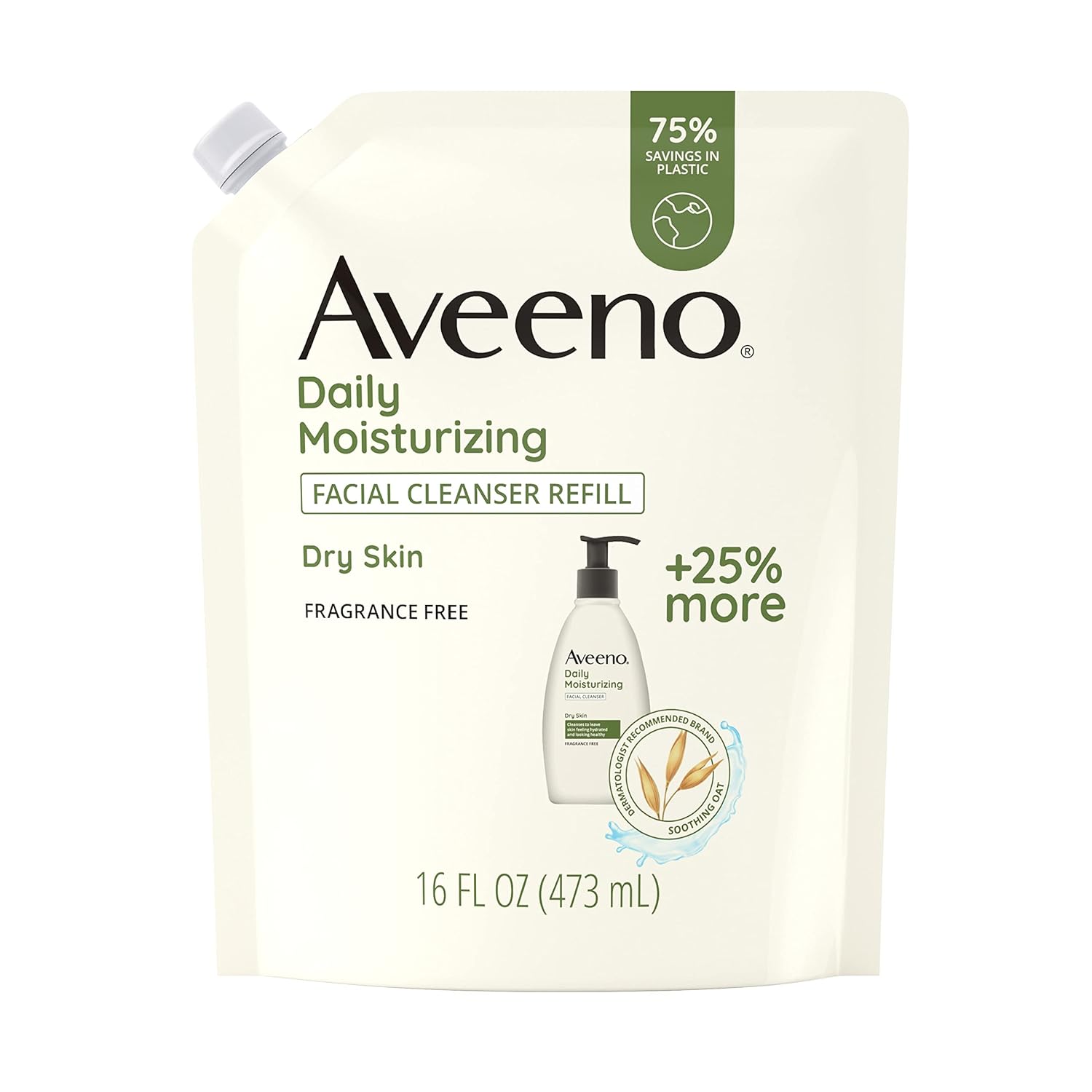 Aveeno Daily Moisturizing Facial Cleanser With Soothing Non-Gmo Oat, Leaves Skin Feeling Hydrated, Soft & Supple, Paraben-, Sulfate-, Fragrance-, Dye- & Soap-Free, Refill Pouch, 16 Fl. Oz