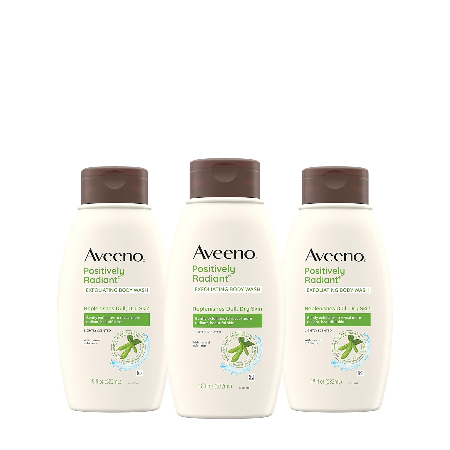 Aveeno Positively Radiant Exfoliating Body Wash With Soy Extract, Lightly Scented Body Cleanser Replenishes Dull, Dry Skin & Exfoliates To Reveal More Radiant, Beautiful Skin, 18 Fl. Oz