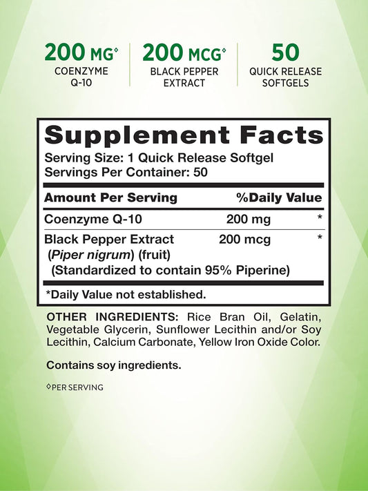 Nature'S Truth Coq10 200 Mg Softgels | 50 Count | Enhanced Absorption Supplement | Plus Black Pepper Extract | Non-Gmo, Gluten Free