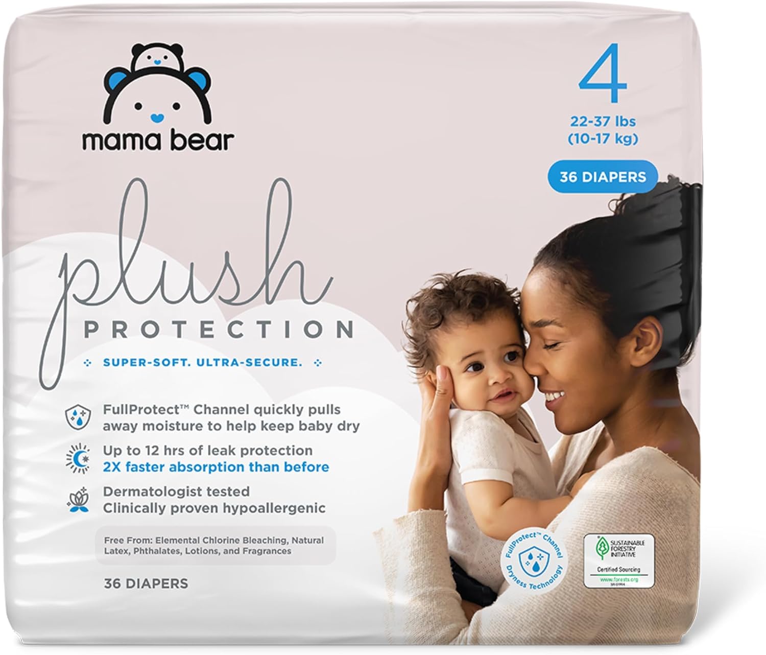 Mama Bear Plush Protection Diapers, Hypoallergenic, Size 4, 36 Count, White and Cloud Dreams