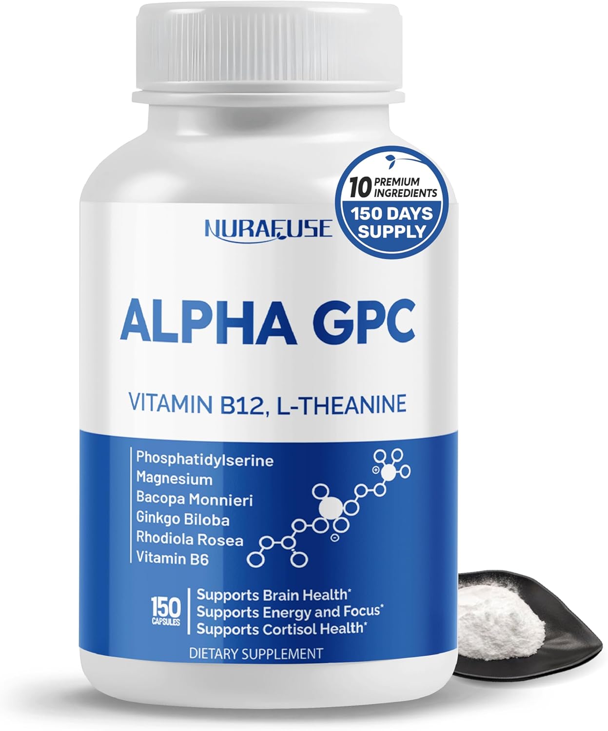 High Potency Alpha Gpc With Vitamin B12, L-Theanine, Phosphatidylserine, Magnesium, Bacopa Monnieri, Ginkgo Biloba – Supports Brain Health, Energy & Focus – Made In The Usa