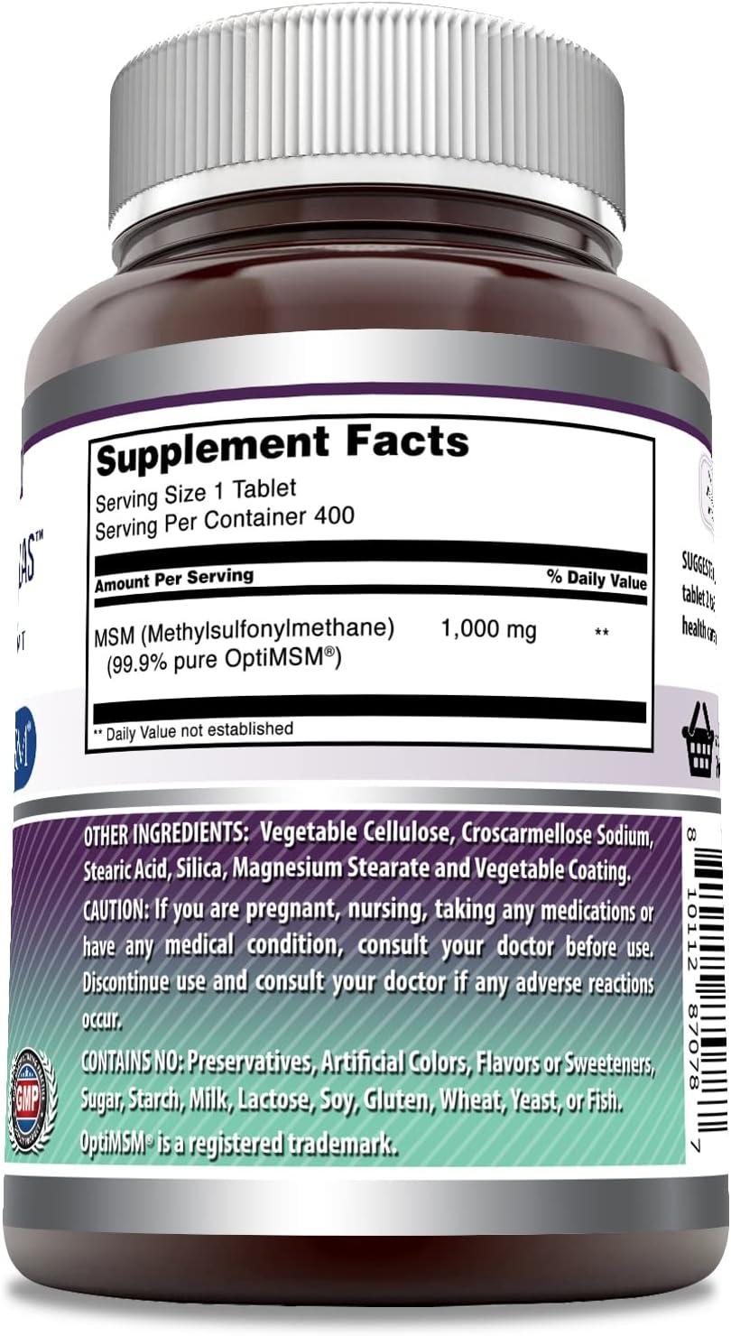 Amazing Formulas OptiMSM Tablets (Non-GMO,Gluten Free) Supports Connective Tissue, Healthy Aging & Joint Function, Skin Health (1000 mg, 400 Tablets)