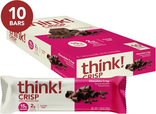 Think! Protein Bars, High Protein Snacks, Gluten Free, Kosher Friendly, Chocolate Crisp, 10 Count (Packaging May Vary)