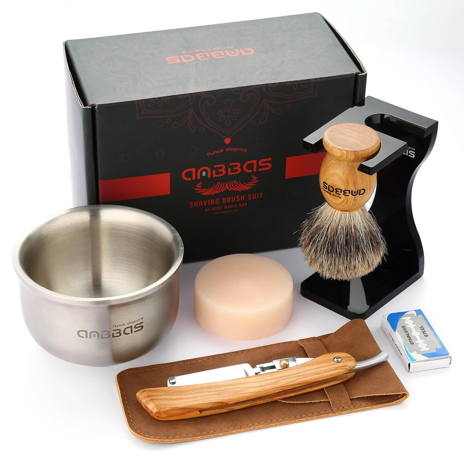 Anbbas Badger Hair Shaving Brush,Stand,Lathering Bowl,3.5Oz Soap,Straight Razor With Bag And Razor Strop,7In1 Kit For Men Wet Shave