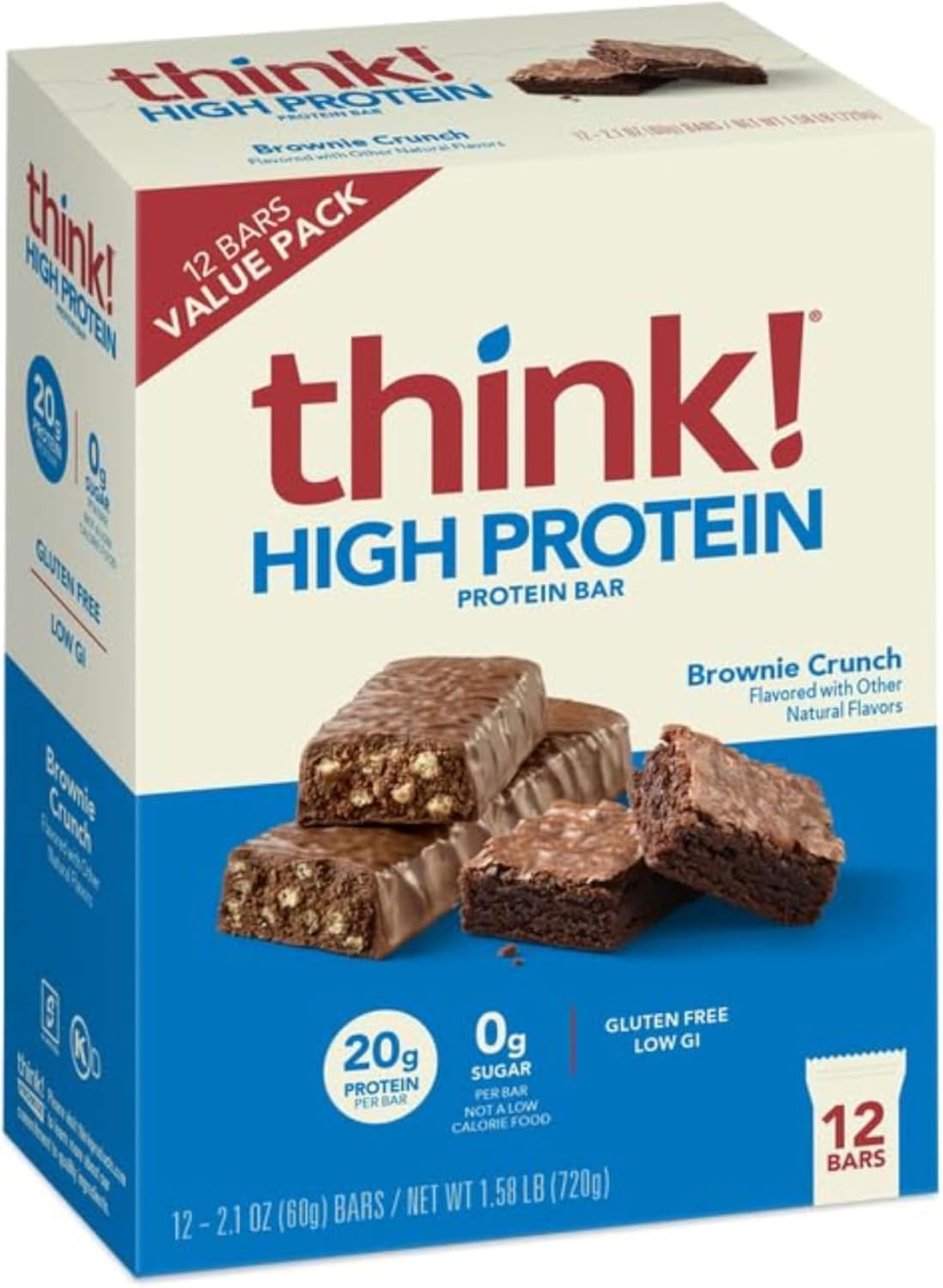 Think! Protein Bars, High Protein Snacks, Gluten Free, Kosher Friendly, Brownie Crunch, Nutrition Bars, 2.1 Oz Per Bar, 12 Count (Packaging May Vary)