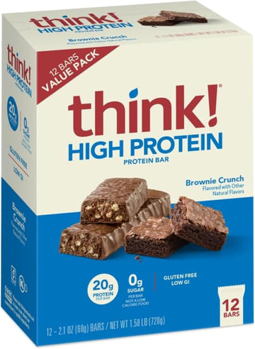 Think! Protein Bars, High Protein Snacks, Gluten Free, Kosher Friendly, Brownie Crunch, Nutrition Bars, 2.1 Oz Per Bar, 12 Count (Packaging May Vary)