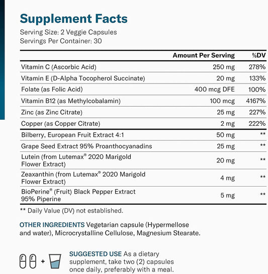 Areds 2 Eye Vitamins - Lutein, Zeaxanthin & Bilberry Extract - Supports Eye Strain, Dry Eyes, And Vision Health - 2 Award-Winning Clinically Proven Eye Vitamin Ingredients - Carotenoid Blend