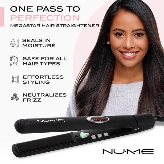 Nume Megastar Hair Straightener Tourmaline Flat Iron–1 Inch Floating Plates With Negative Ion Booster, Infrared Light Strip, Ideal For All Hair Types – Ultra-Smooth And Shiny Results